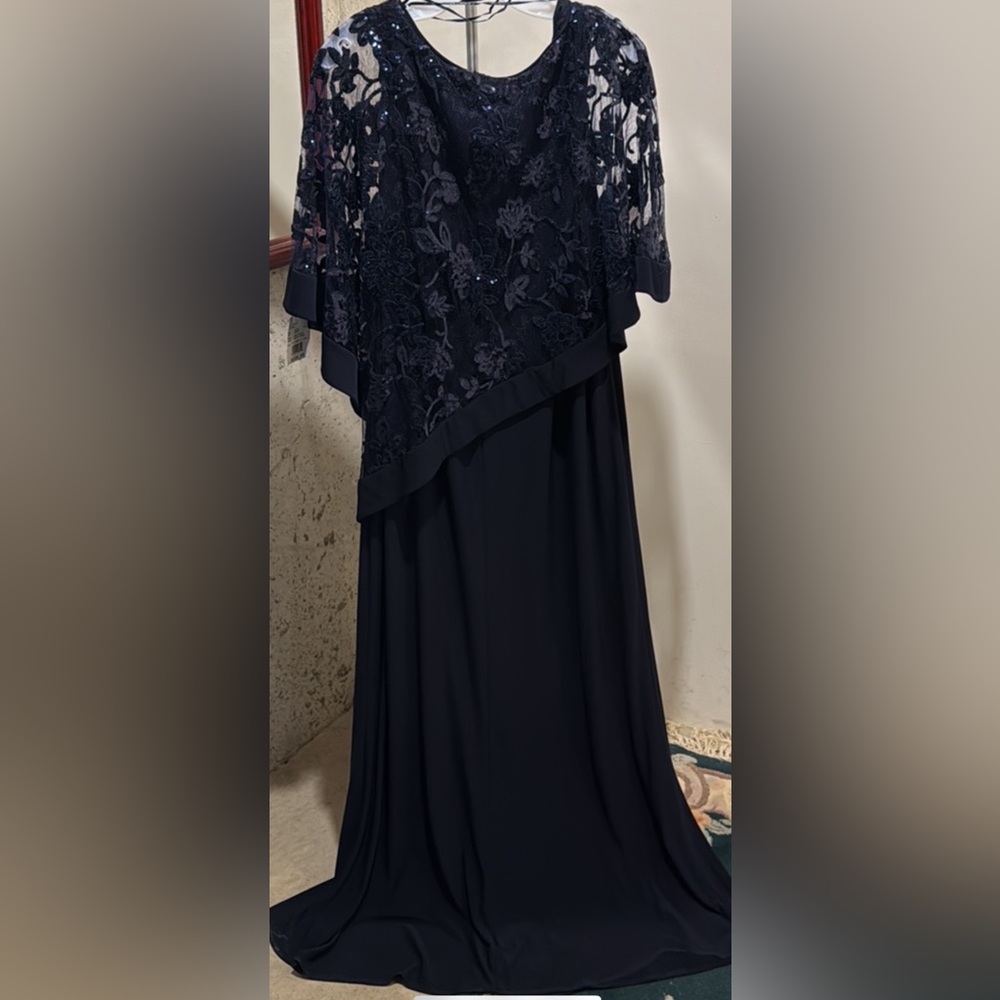 R & M Richards Navy Blue Asymmetrical Gown with Flutter Sleeves